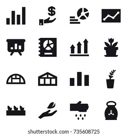 16 vector icon set : graph, investment, diagram, statistic, presentation, annual report, graph up, flower, greenhouse, seedling, hand leaf, sow, fertilizer