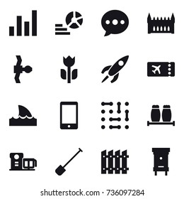 16 vector icon set : graph, diagram, ballon, gothic architecture, ticket, shark flipper, shovel, fence, hive