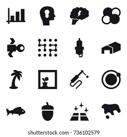 16 vector icon set : graph, bulb head, brain, atom core, satellite, chip, spark plug, warehouse, palm, flower in window, fish, acorn, clean floor, spot