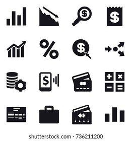 16 vector icon set : graph, crisis, dollar magnifier, receipt, diagram, percent, dollar arrow, core splitting, virtual mining, mobile pay, credit card, calculator, suitcase iocn