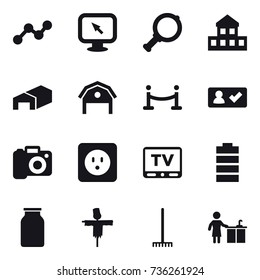 16 vector icon set : graph, monitor arrow, magnifier, cottage, warehouse, barn, vip fence, check in, camera, power socket, tv, scarecrow, rake, kitchen cleaning