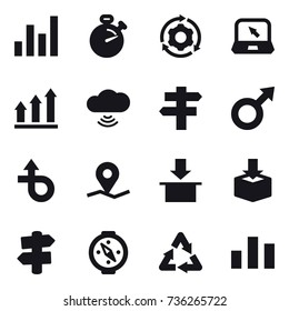 16 vector icon set : graph, stopwatch, around gear, notebook, graph up, cloud wireless, singlepost, signpost, compass