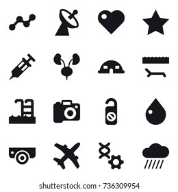 16 vector icon set : graph, satellite antenna, heart, star, dome house, lounger, pool, camera, do not distrub, drop, surveillance camera, rain cloud