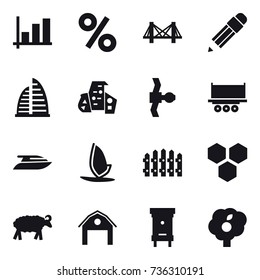 16 vector icon set : graph, percent, bridge, pencil, skyscraper, modern architecture, yacht, windsurfing, fence, honeycombs, sheep, barn, hive, garden