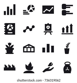 16 vector icon set : graph, diagram, statistic, annual report, presentation, graph up, flower, greenhouse, seedling, sprouting, hand leaf, fertilizer