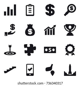 16 vector icon set : graph, clipboard, dollar, dollar magnifier, investment, money bag, diagram, trophy, target, puzzle, money, medal, stairs, mobile checking, golf