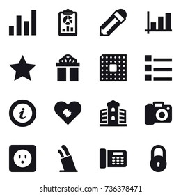 16 vector icon set : graph, report, pencil, star, gift, cpu, list, info, building, camera, power socket, stands for knives 16 vector icon set : graph, report, pencil, star, gift, cpu, list, info, building, camera, power socket, stands for knives