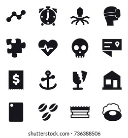 16 vector icon set : graph, alarm clock, virus, virtual mask, puzzle, home, cutting board, coffee seeds, sponge, soap