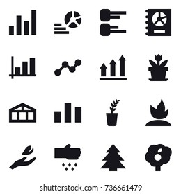 16 vector icon set : graph, diagram, annual report, graph up, flower, greenhouse, seedling, sprouting, hand leaf, sow, spruce, garden