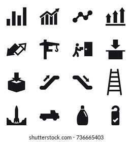 16 vector icon set : graph, diagram, graph up, up down arrow, tower crane, escalator, stairs, pickup, cleanser, please clean