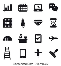 16 vector icon set : graph, calendar, notebook, discussion, cpu, spark plug, diamond, hangare, plane, stairs, scarecrow, scraper