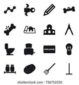 16 vector icon set : graph, satellite, pencil, bone, project, mansion, drawing compass, toilet, toaster, welcome mat, fork, rake