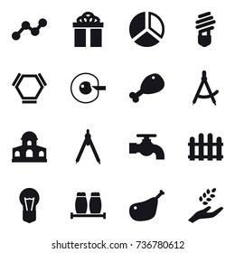 16 vector icon set : graph, gift, diagram, bulb, hex molecule, cell corection, chicken leg, draw compass, mansion, drawing compass, water tap, fence, harvest