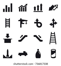16 vector icon set : graph, diagram, graph up, up down arrow, stairs, tower crane, escalator, pickup, cleanser, cleanser powder