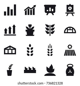 16 vector icon set : graph, diagram, presentation, graph up, flower, greenhouse, spikelets, field, seedling, sprouting, fertilizer