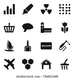 16 vector icon set : graph, marker, nuclear, chip, basket, church, windsurfing, scoop, welcome mat, honeycombs, barn, vacuum cleaner