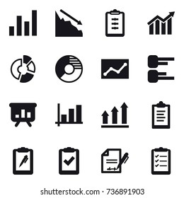 16 vector icon set : graph, crisis, clipboard, diagram, circle diagram, statistic, presentation, graph up, clipboard list