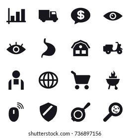 16 vector icon set : graph, truck, money message, house, globe, cart, bbq, pan, viruses