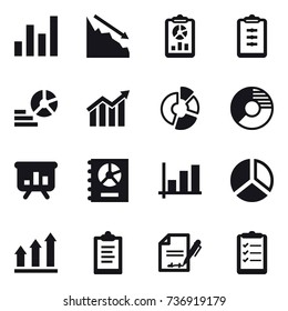 16 vector icon set : graph, crisis, report, clipboard, diagram, circle diagram, presentation, annual report, graph up, clipboard list