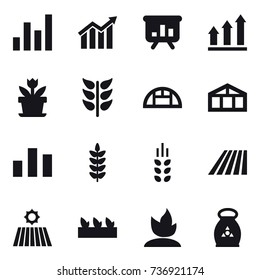 16 vector icon set : graph, diagram, presentation, graph up, flower, greenhouse, spikelets, field, seedling, sprouting, fertilizer