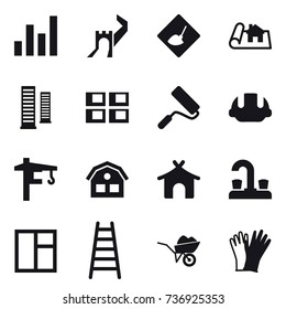 16 vector icon set : graph, greate wall, under construction, project, skyscrapers, panel house, repair, building helmet, tower crane, house, bungalow, water tap, window, stairs, wheelbarrow, gloves