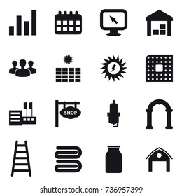 16 vector icon set : graph, calendar, monitor arrow, warehouse, group, sun power, cpu, store, shop signboard, spark plug, arch, stairs, towel, barn