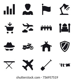 16 vector icon set : graph, woman, flag, table lamp, add to cart, journey, bridge, minaret, motorcycle, bungalow, shield, iron board, shovel, drying clothe