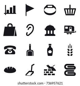 16 vector icon set : graph, flag, smart bracelet, basket, shopping bag, goverment house, trailer, phone, scoop, spikelets, bread, construct garbage, stack of towels