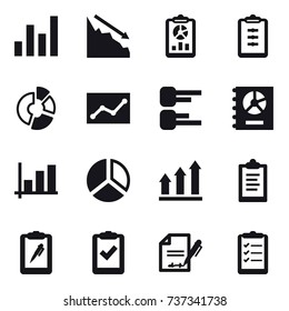 16 vector icon set : graph, crisis, report, clipboard, circle diagram, statistic, diagram, annual report, graph up, clipboard list