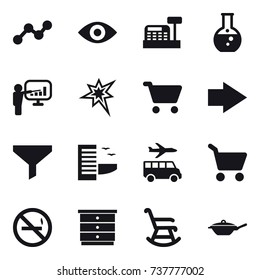 16 vector icon set : graph, eye, cashbox, round flask, presentation, bang, cart, right arrow, funnel, hotel, transfer, no smoking, chest of drawers, rocking chair, pan