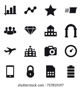 16 vector icon set : graph, star, delivery, group, diamond, cottage, arch, hotel, camera, barometer