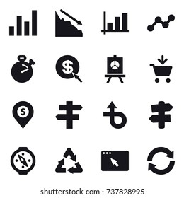 16 vector icon set : graph, crisis, stopwatch, dollar arrow, presentation, add to cart, dollar pin, singlepost, signpost, compass, reload