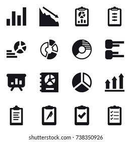 16 vector icon set : graph, crisis, report, clipboard, diagram, circle diagram, presentation, annual report, graph up, clipboard list