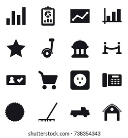 16 vector icon set : graph, report, statistic, star, segway, goverment house, vip fence, check in, cart, power socket, rake, pickup, barn