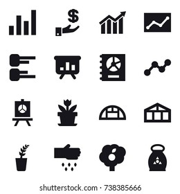 16 vector icon set : graph, investment, diagram, statistic, presentation, annual report, flower, greenhouse, seedling, sow, garden, fertilizer