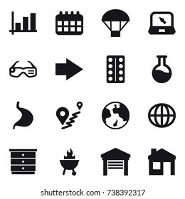 16 vector icon set : graph, calendar, parachute, notebook, smart glasses, right arrow, earth, globe, chest of drawers, bbq, garage, house