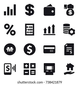 16 vector icon set : graph, dollar, wallet, money gift, percent, abacus, graph up, virtual mining, crypto currency, dollar coin, credit card, account balance, mobile pay, calculator, atm, housing