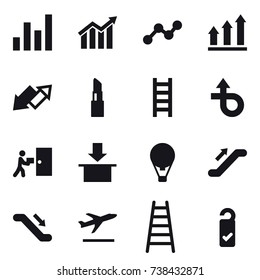 16 vector icon set : graph, diagram, graph up, up down arrow, lipstick, stairs, air ballon, escalator, departure, please clean