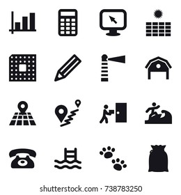 16 vector icon set : graph, calculator, monitor arrow, sun power, cpu, pencil, lighthouse, barn, surfer, phone, pool, pets