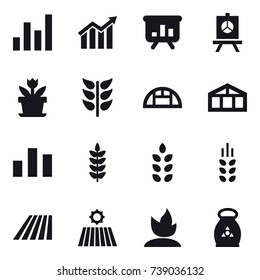 16 vector icon set : graph, diagram, presentation, flower, greenhouse, spikelets, field, sprouting, fertilizer