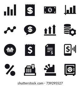 16 vector icon set : graph, receipt, money, money message, graph up, virtual mining, crypto currency, account balance, mobile pay, percent, cashbox, safe