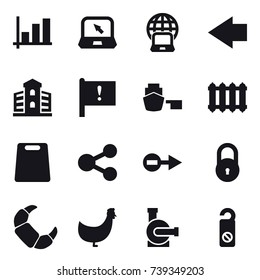 16 vector icon set : graph, notebook, notebook globe, left arrow, building, radiator, cutting board, chicken, water pump, do not distrub