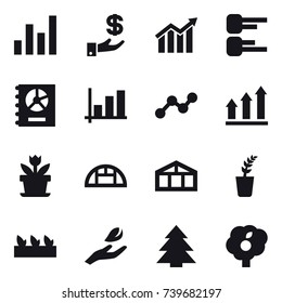 16 vector icon set : graph, investment, diagram, annual report, graph up, flower, greenhouse, seedling, hand leaf, spruce, garden
