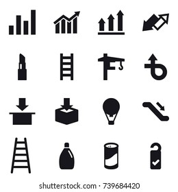 16 vector icon set : graph, diagram, graph up, up down arrow, lipstick, stairs, tower crane, air ballon, escalator, cleanser, cleanser powder, please clean