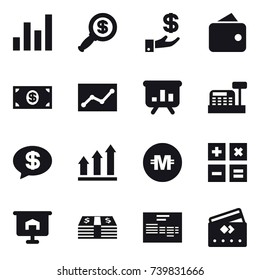 16 vector icon set : graph, dollar magnifier, investment, wallet, money, statistic, presentation, cashbox, money message, graph up, crypto currency, calculator, credit card