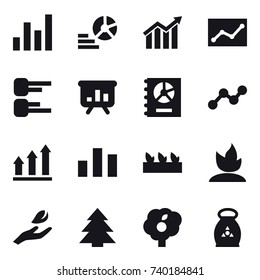 16 vector icon set : graph, diagram, statistic, presentation, annual report, graph up, seedling, sprouting, hand leaf, spruce, garden, fertilizer