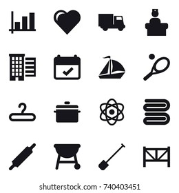 16 vector icon set : graph, heart, truck, houses, sail boat, tennis, hanger, pan, towel, rolling pin, shovel, farm fence