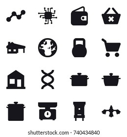 16 vector icon set : graph, chip, wallet, delete cart, house with garage, cart, home, pan, kitchen scales, hive, hard reach place cleaning