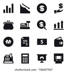 16 vector icon set : graph, crisis, dollar, investment, purse, cashbox, dollar arrow, graph up, crypto currency, account balance, receipt, wallet, calculator, presentation, atm