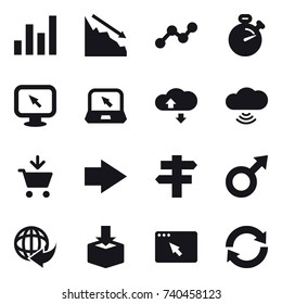 16 vector icon set : graph, crisis, stopwatch, monitor arrow, notebook, cloude service, cloud wireless, add to cart, right arrow, singlepost, reload